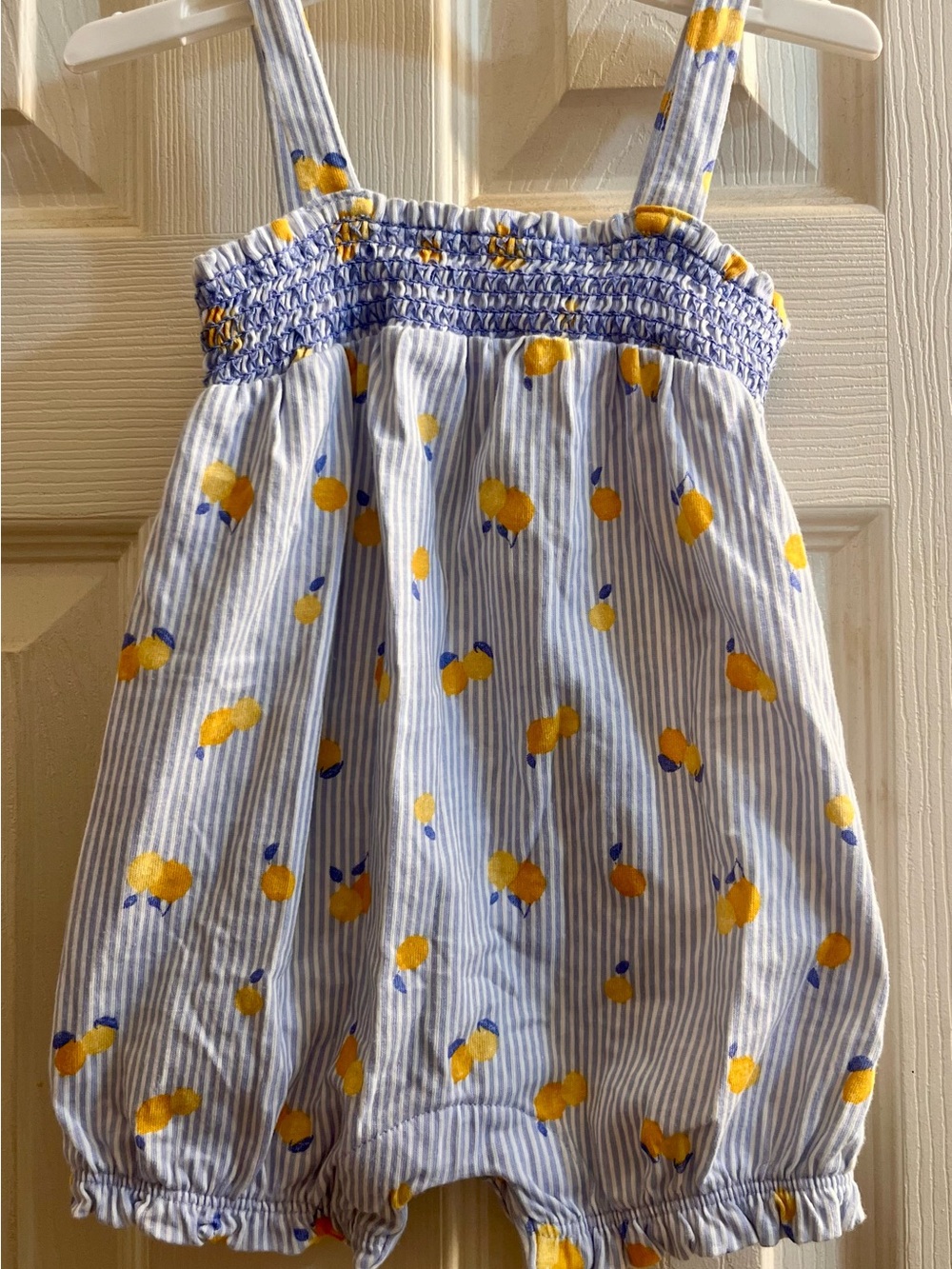 Blue Pinstripe Romper with Lemon Print